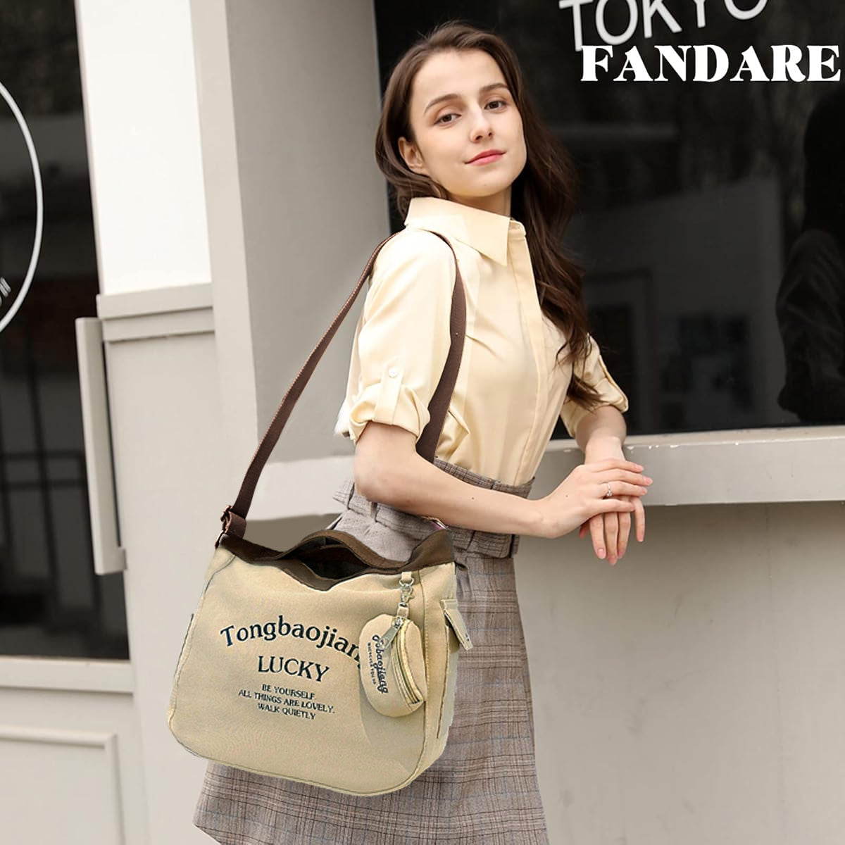 PALAY® Canvas Bag for Women Khaki Canvas Tote Bag with Coin Bag Chic Cute Letter Print Zipping Shoulder Bag Crossbody Bag Casual Hand Bag Multi Use School Book Bag Travel Carry All Bag, 30x17x30cm PALAY® Canvas Bag for Women Khaki Canvas Tote Bag with Coin Bag Chic Cute Letter Print Zipping Shoulder Bag Crossbody Bag Casual Hand Bag Multi Use School Book Bag Travel Carry All Bag, 30x17x30cm
